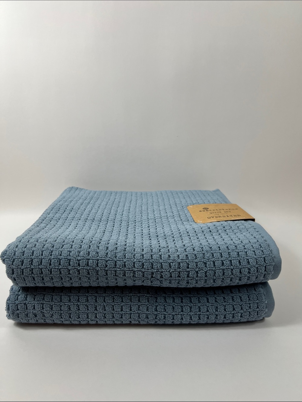 Ecoexistence Bath Towels Oversized Medium Blue Waffle Texture Quick Dry 2 Pc NEW